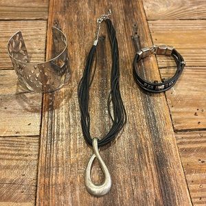 Necklace, beaded bracelet and cuff bracelet